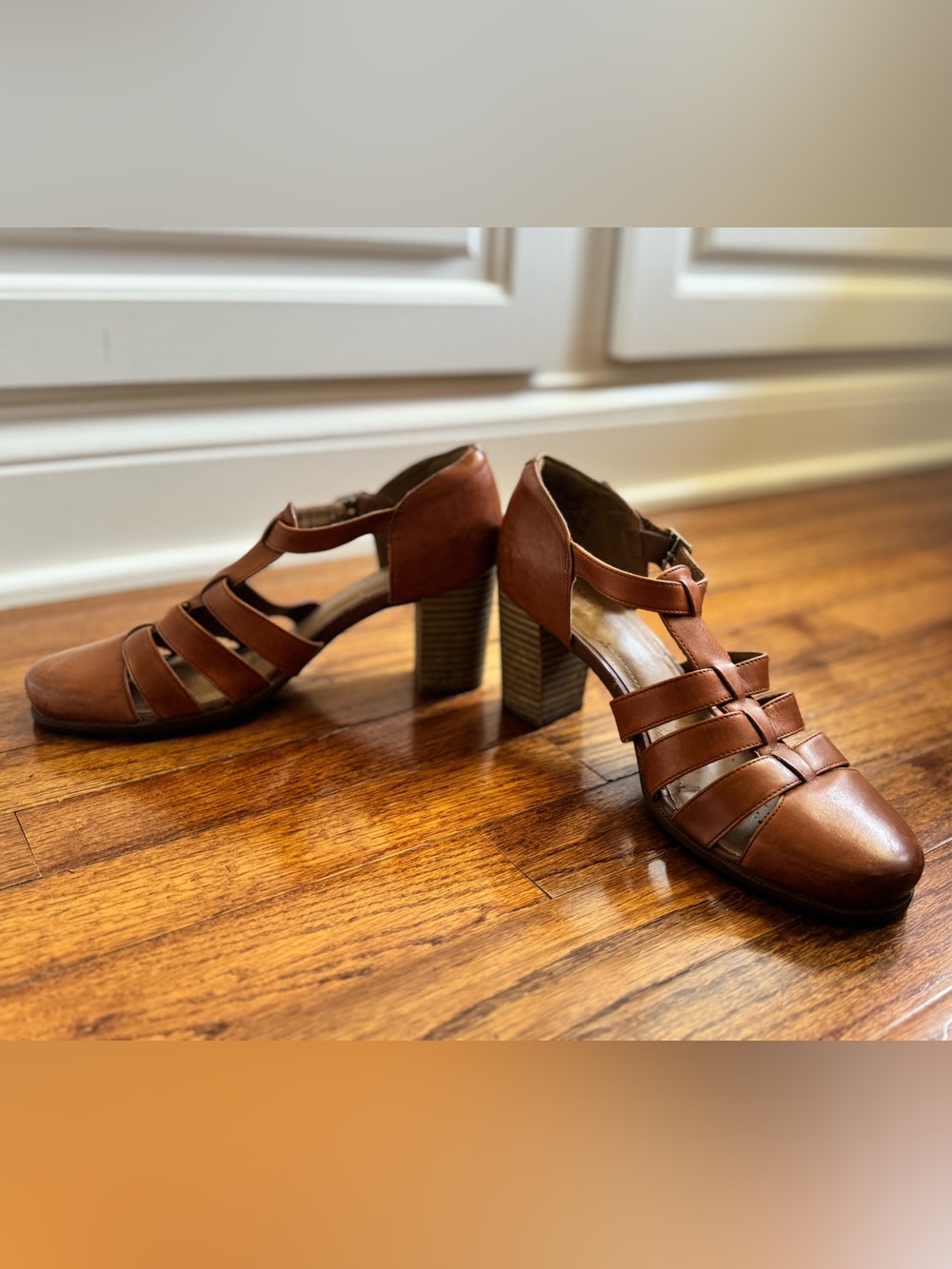 Clarks Tan Strappy Block Heel Sandals